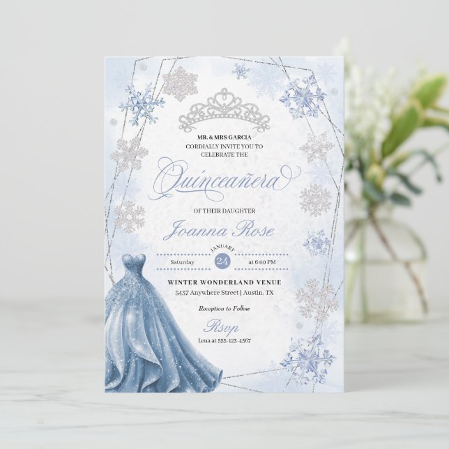 Convite Blue Winter Wonderland Snowflake Quinceanera (Em pé/Frente)
