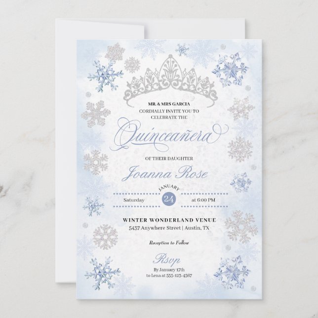 Convite Blue Winter Wonderland Snowflake Quinceanera (Frente)