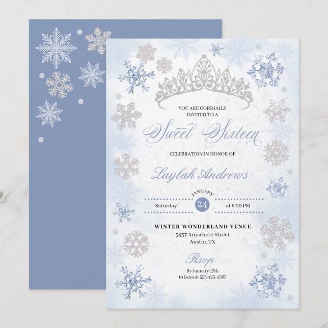 Convite Blue Winter Wonderland Snowflake Sweet 16 (Frente/Verso)