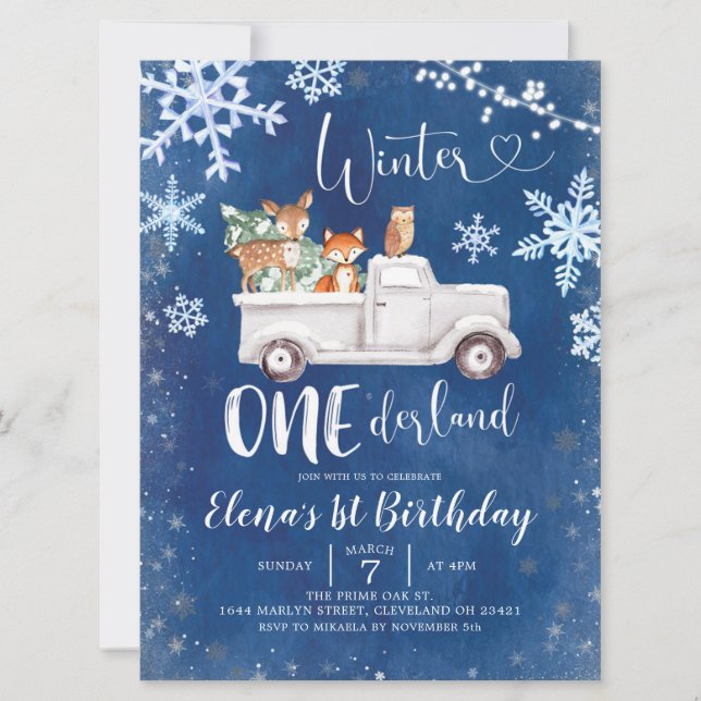 Convite Blue Winter Woodland Truck First Birday Invite (Frente)