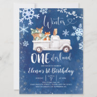 Blue Winter Woodland Truck First Birday Invite