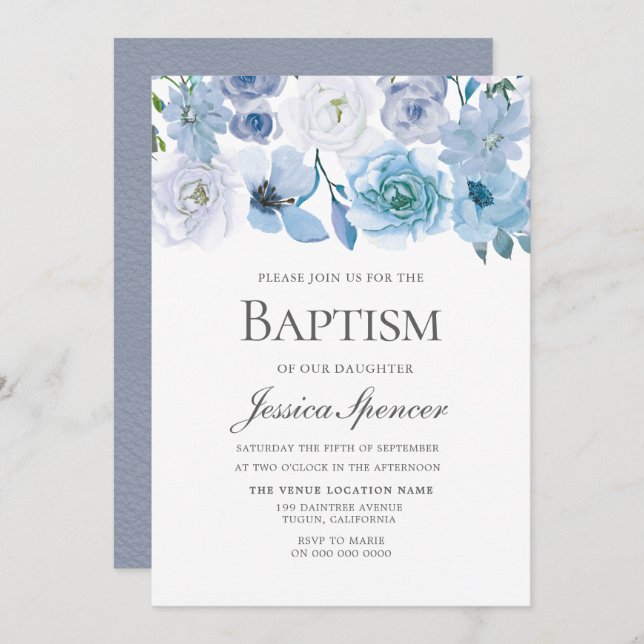 Convite Blue Wonderland Cinza Flower Baptism Invite (Frente/Verso)