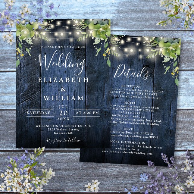 Convite Blue Wood String Light Greenerence Details Casamen (Blue Wood String Light Greenery Details Wedding Invitation)