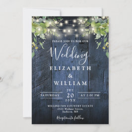 Convite Blue Wood String Luzes verdes Código QR Casamento