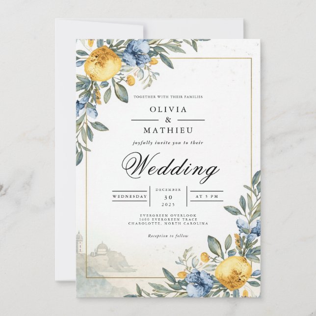 Convite Blue Yellow Botanical Arch Wedding (Frente)