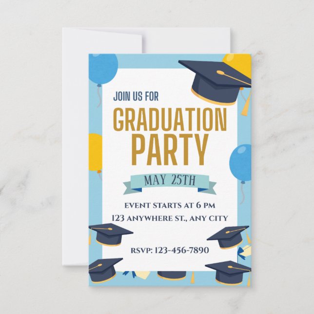 Convite Blue Yellow Colorful Graduation Party Invitation (Frente)