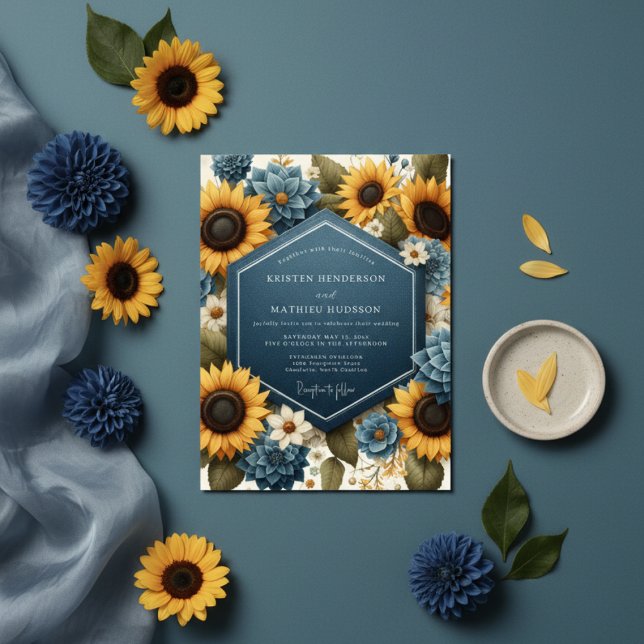 Convite Blue Yellow Floral Autumn Wedding (Criador carregado)