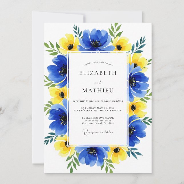 Convite Blue Yellow Floral Whimsy Wedding (Frente)