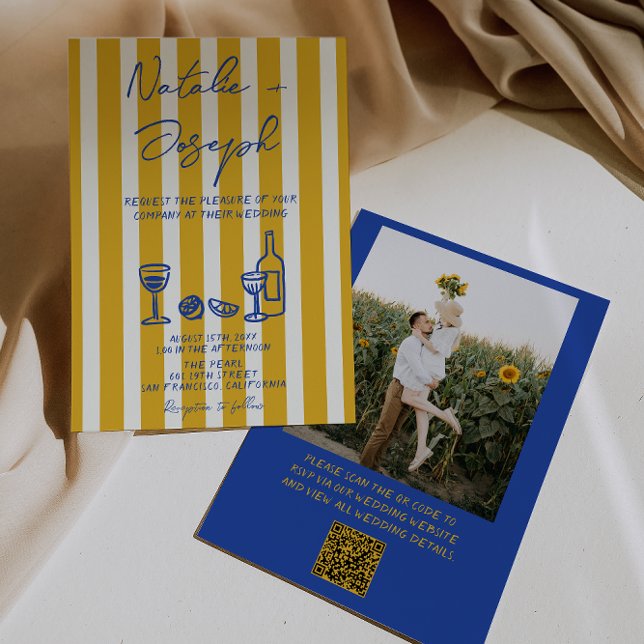 Convite Blue Yellow Hand Written Photo QR Code Wedding (Criador carregado)
