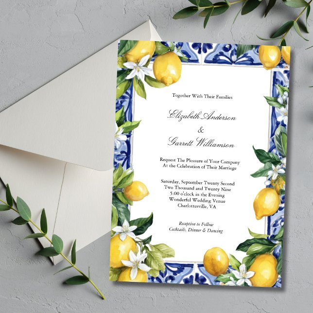 Convite Blue Yellow Lemon Mediterranean Tile Wedding (Blue Yellow Lemons Mediterranean Tile Italian Wedding Theme Invitation. Printed or Digital Download)
