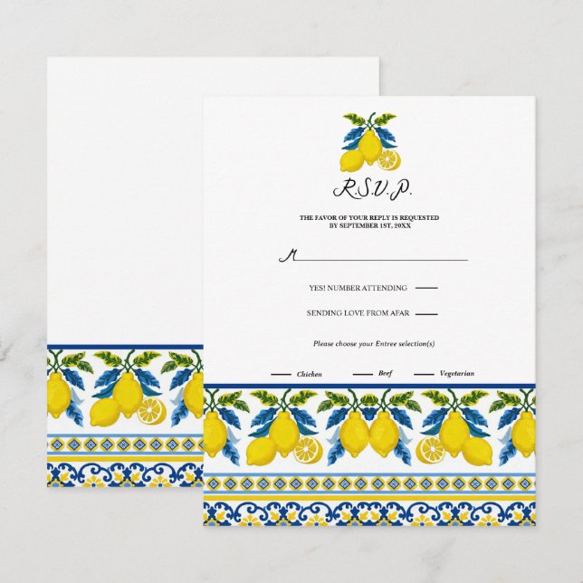 Convite Blue Yellow Lemon Watercolor Mediterranean RSVP (Frente/Verso)
