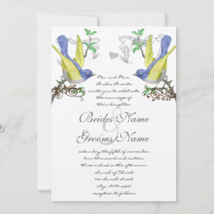Convite Blue & Yellow Vintage Birds Wedding Invite