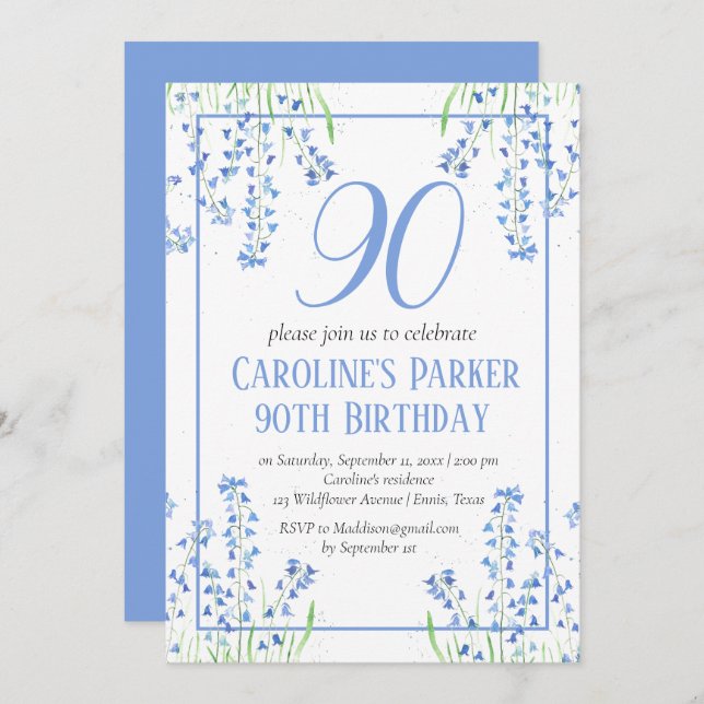 Convite Bluebells 90 Azul Floral Botânico Azul de Aniversá (Frente/Verso)