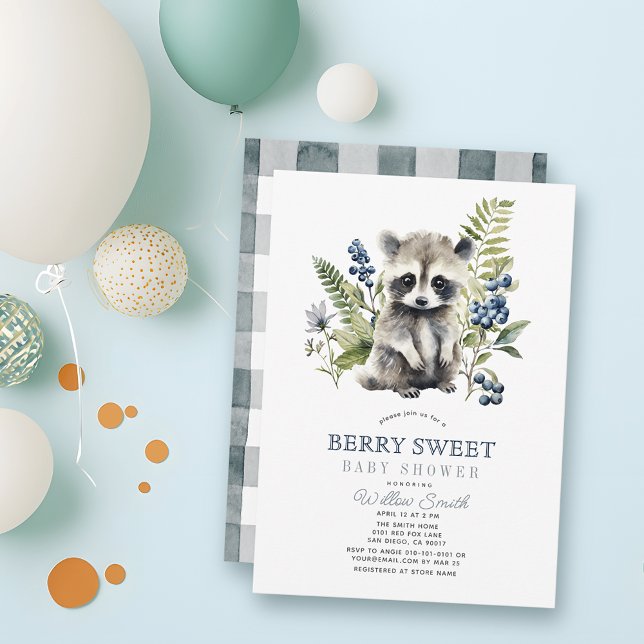 Convite Blueberries & Raccoon Berry Sweet Boy Baby Shower (Criador carregado)