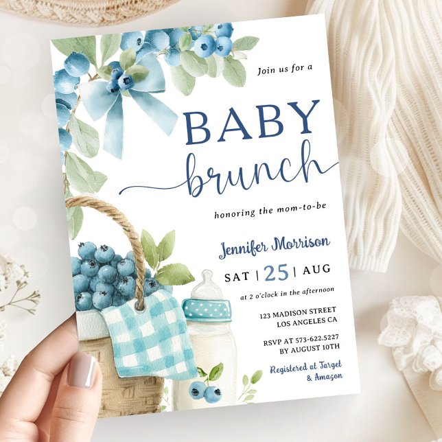 Convite Blueberry Baby Brunch Boy Bow & Bottle Baby Shower (Criador carregado)