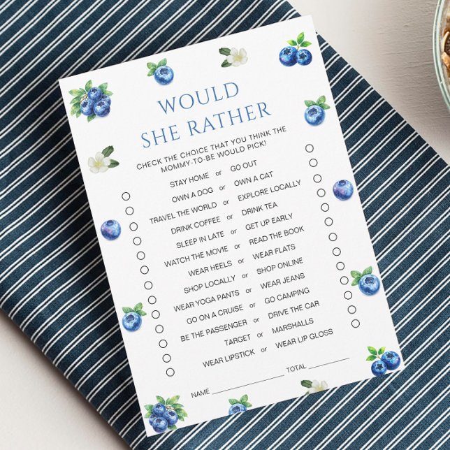 Convite Blueberry Baby Shower Would She Rather Game Card (Criador carregado)