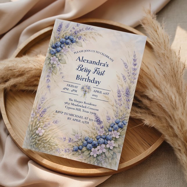 Convite Blueberry Botanical Berry Theme 1st Birthday (Criador carregado)