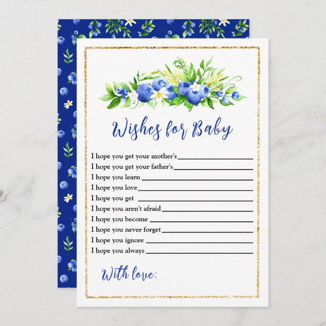 Convite Blueberry Floral Baby Shower Wishes For Baby (Frente/Verso)