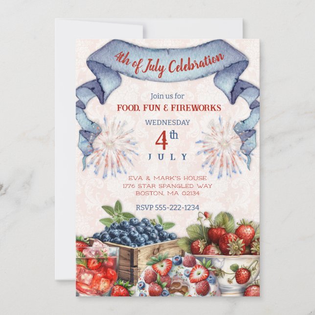 Convite Blueberry Morango Old Fashioned BBQ 4 de Julho (Frente)
