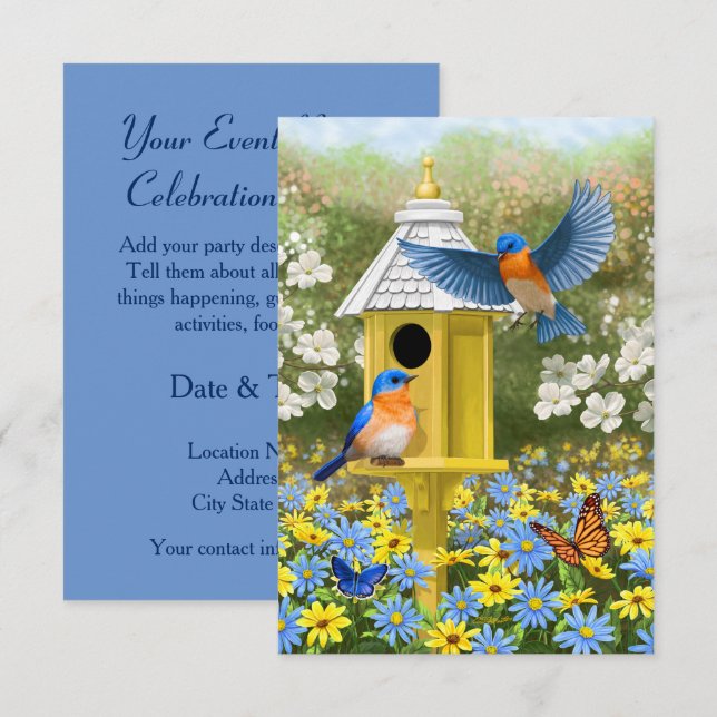 Convite Bluebird e Hexagon Birdhouse Blue (Frente/Verso)