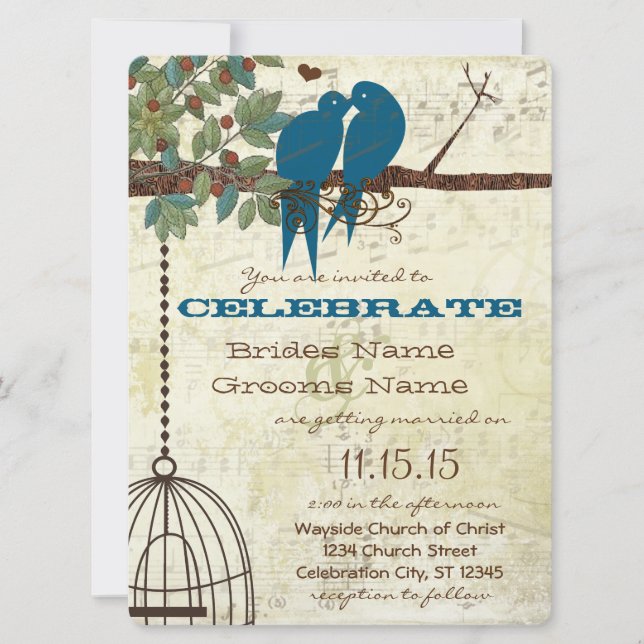 Convite Bluebirds Sitting In a Tree Wedding Invite (Frente)