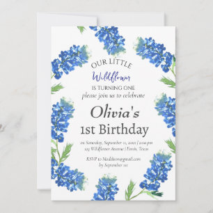 Convite Bluebonnets 1rua Primeiro Aniversário Azul Floral