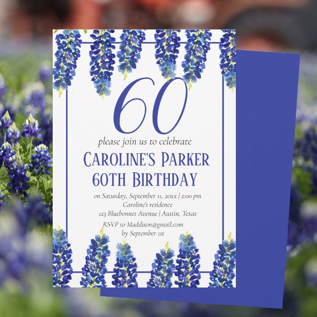 Convite Bluebonnets 60º Aniversário Blue Floral Texas (Criador carregado)