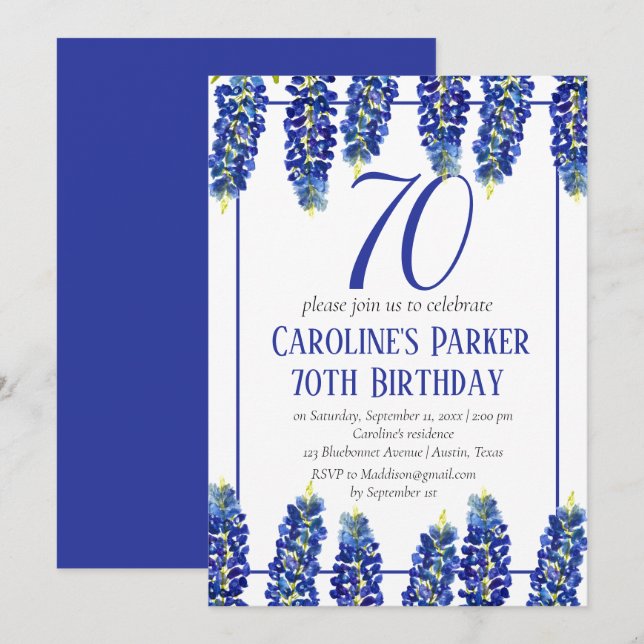 Convite Bluebonnets 70 Birthday Blue Floral Texas (Frente/Verso)