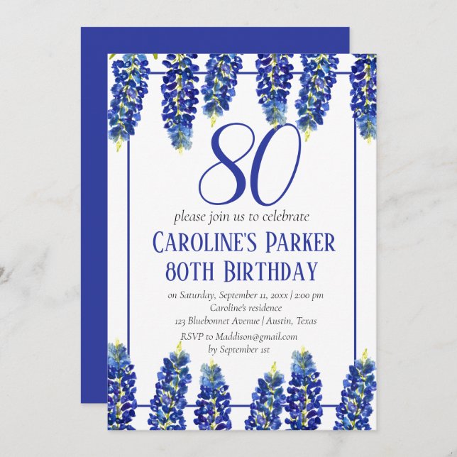 Convite Bluebonnets 80 Birthday Blue Floral Texas (Frente/Verso)