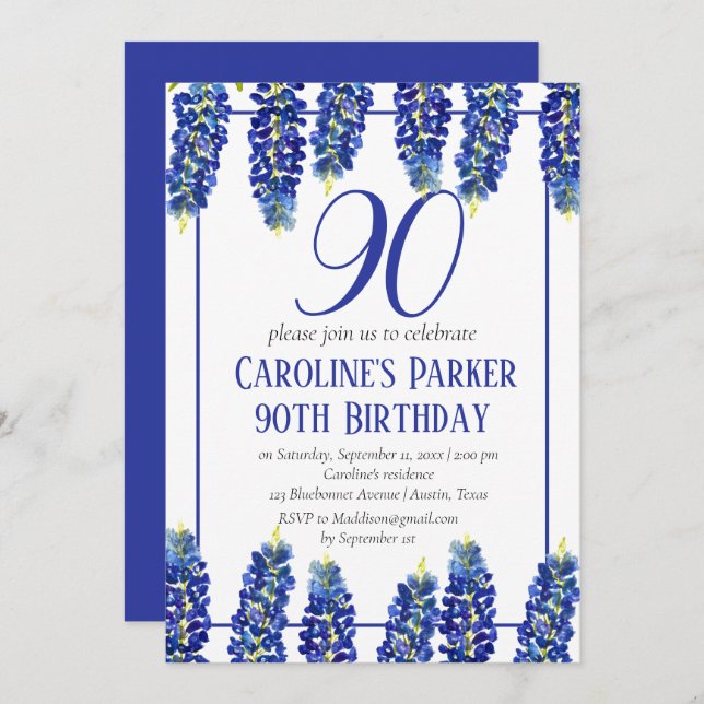 Convite Bluebonnets 90 Birthday Blue Floral Texas (Frente/Verso)