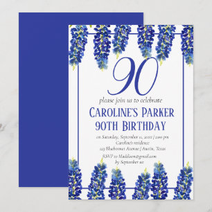 Convite Bluebonnets 90 Birthday Blue Floral Texas