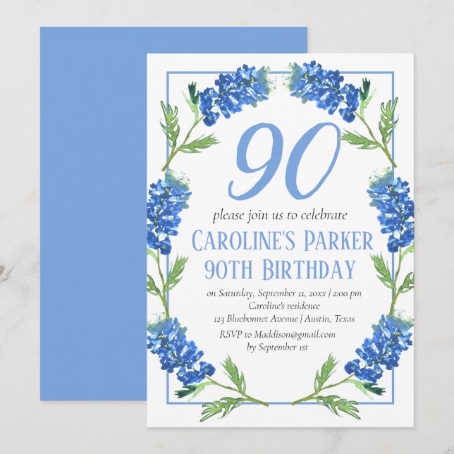 Convite Bluebonnets 90 Birthday Blue Floral Texas (Frente/Verso)
