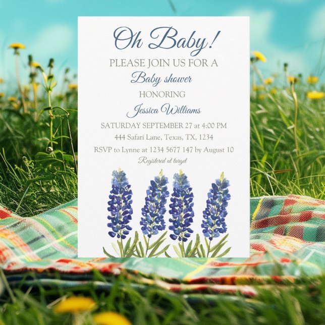 Convite Bluebonnets Blue Floral Watercolor Texas Baby boy (Criador carregado)