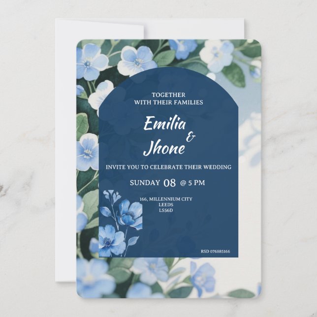 Convite Bluish Floral Romantic Wedding Card (Frente)