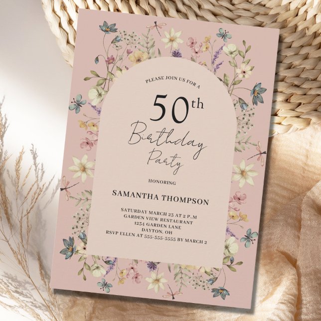 Convite Blush 50th Birthday Floral Wildflower Invitation (Criador carregado)