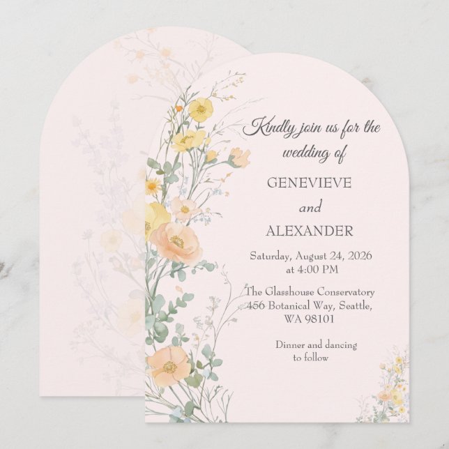 Convite Blush and Peach Wildflower Arch Wedding Invitation (Frente/Verso)