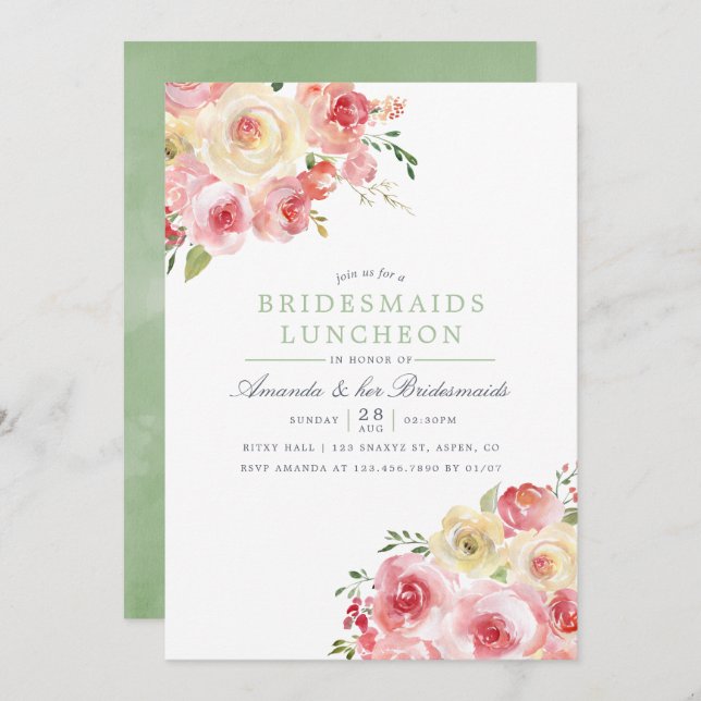 Convite Blush and Sage Watercolor Bridesmaids Luncheids (Frente/Verso)