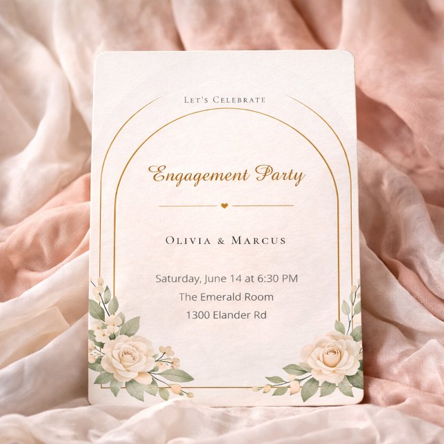 Convite Blush Arch Engagement Style Invitation (Blush arch design with soft florals and gold detail for a refined engagement celebration)
