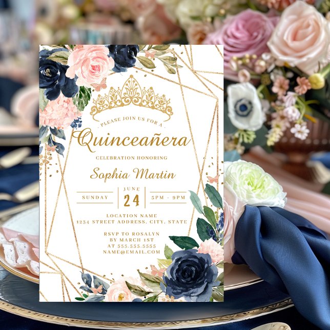 Convite Blush Azul Floral Borboleta Geométrico Quinceanera (Criador carregado)