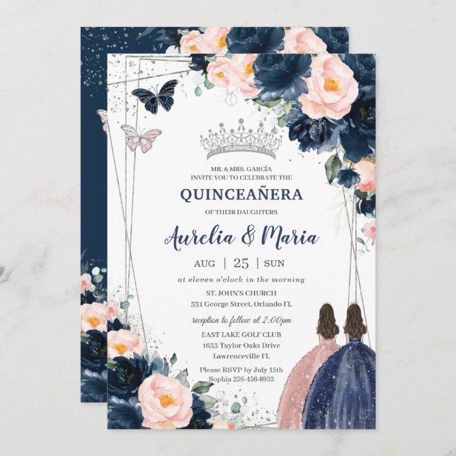Convite Blush Azul Marinho Floral Prata Gêmeas Quinceañera (Frente/Verso)