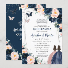 Convite Blush Azul Marinho Floral Prata Gêmeas Quinceañera