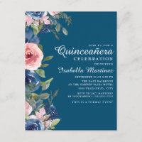Blush Azul Naval Floral Folhas Verdes Quinceañera