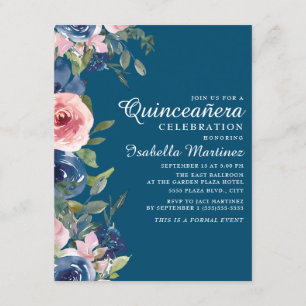 Convite Blush Azul Naval Floral Folhas Verdes Quinceañera