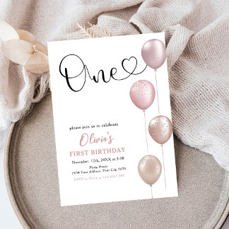 Convite Blush Balloons Girl Primeiro Aniversário