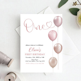 Convite Blush Balloons Girl Primeiro Aniversário