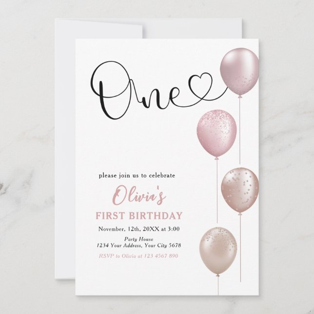 Convite Blush Balloons Girl Primeiro Aniversário (Frente)