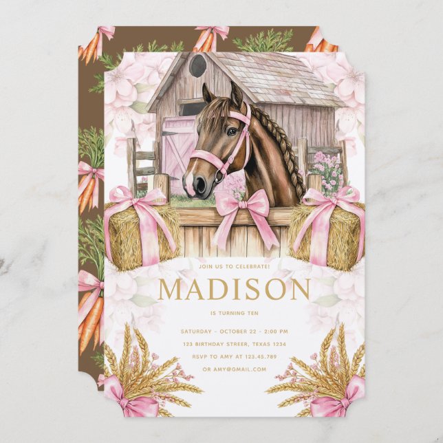 Convite Blush Barn Horse Birthday Invitation for Girls (Frente/Verso)