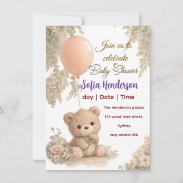 Convite Blush  Bear Soft Water colour floral baby shower