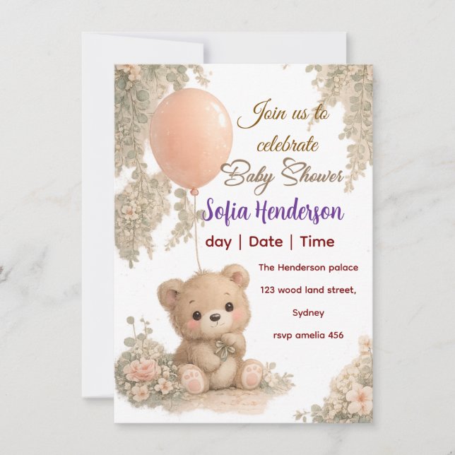 Convite Blush  Bear Soft Water colour floral baby shower (Frente)