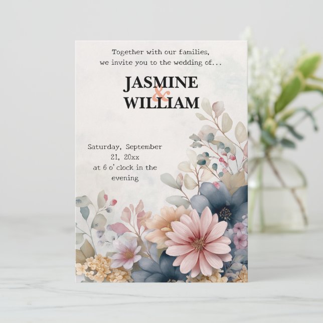 Convite 🌺 Blush & Blue Floral Invitation 💌 🌿 (Em pé/Frente)
